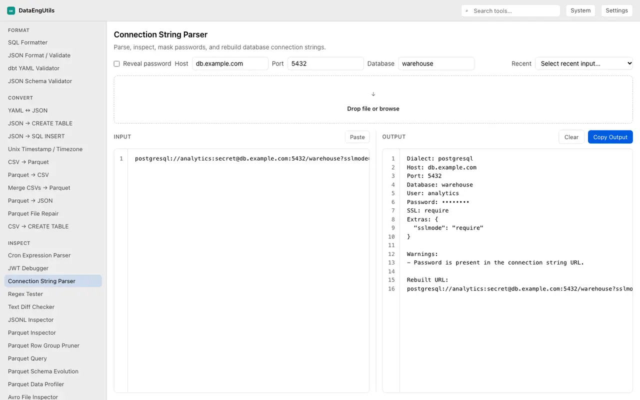 Connection String Parser splitting a database URL into its fields