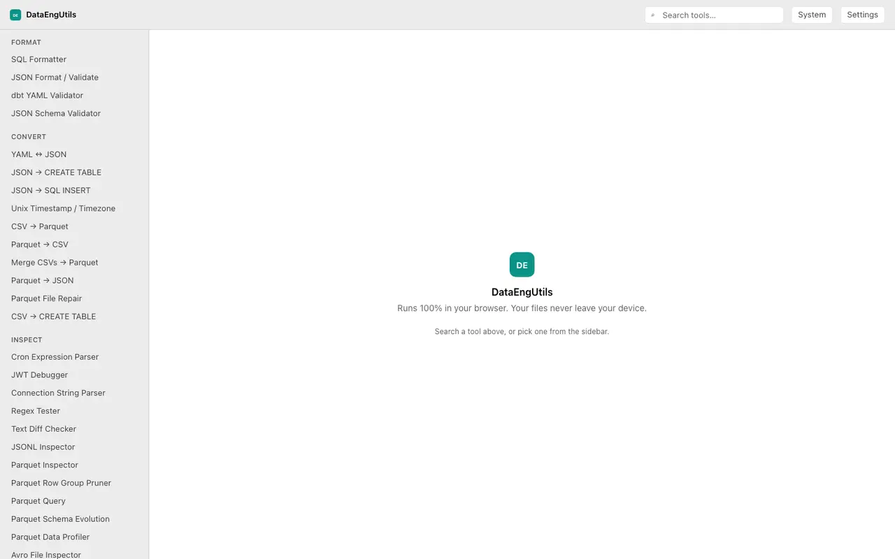 DataEngUtils home panel: runs 100% in your browser