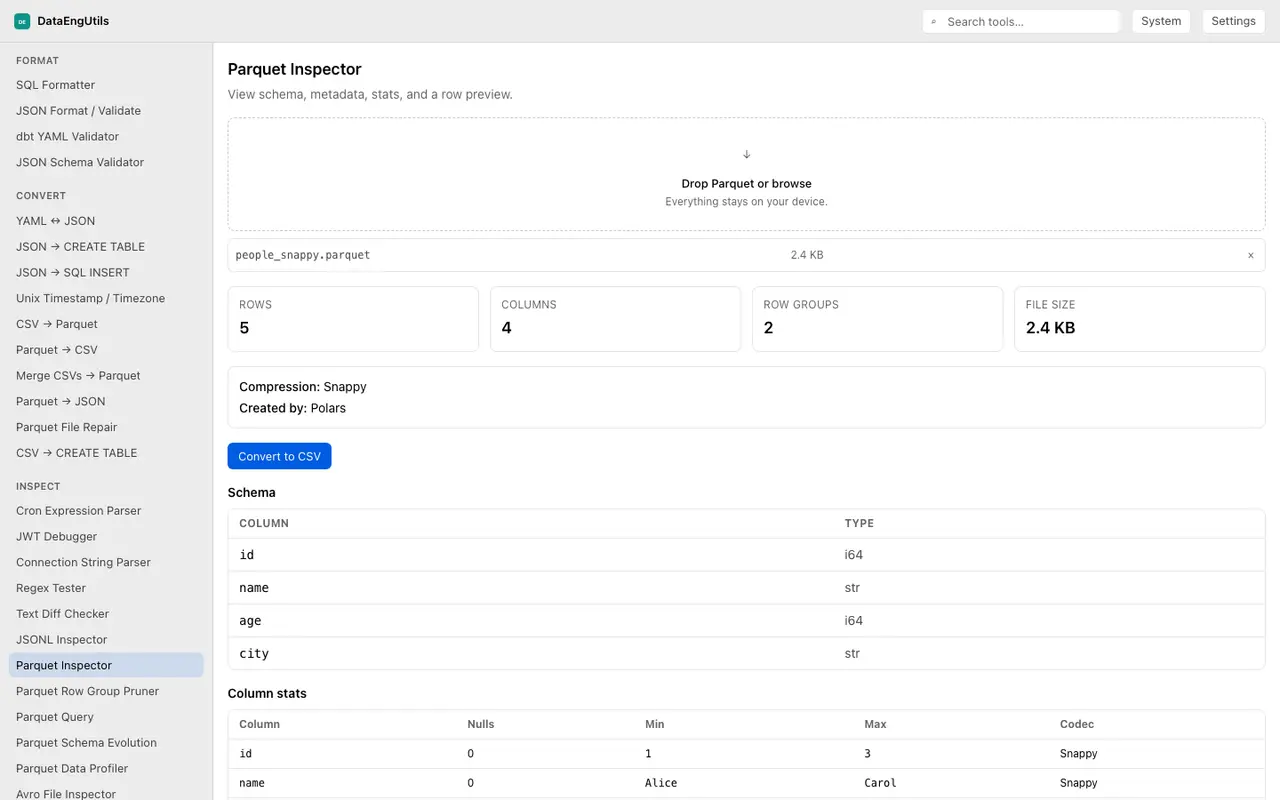 Parquet Inspector showing schema, column stats and a row preview