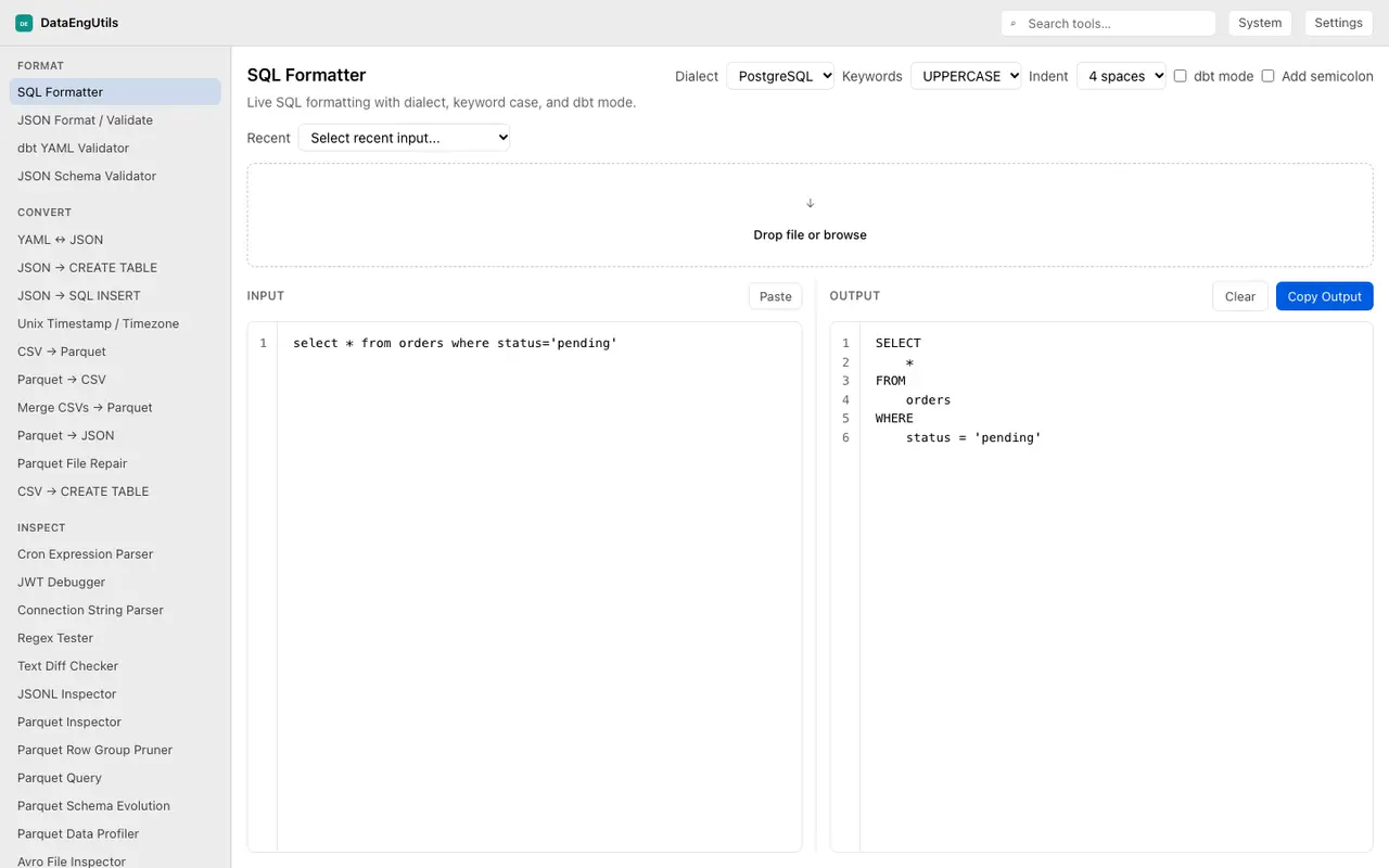 DataEngUtils SQL Formatter: format a query across nine dialects